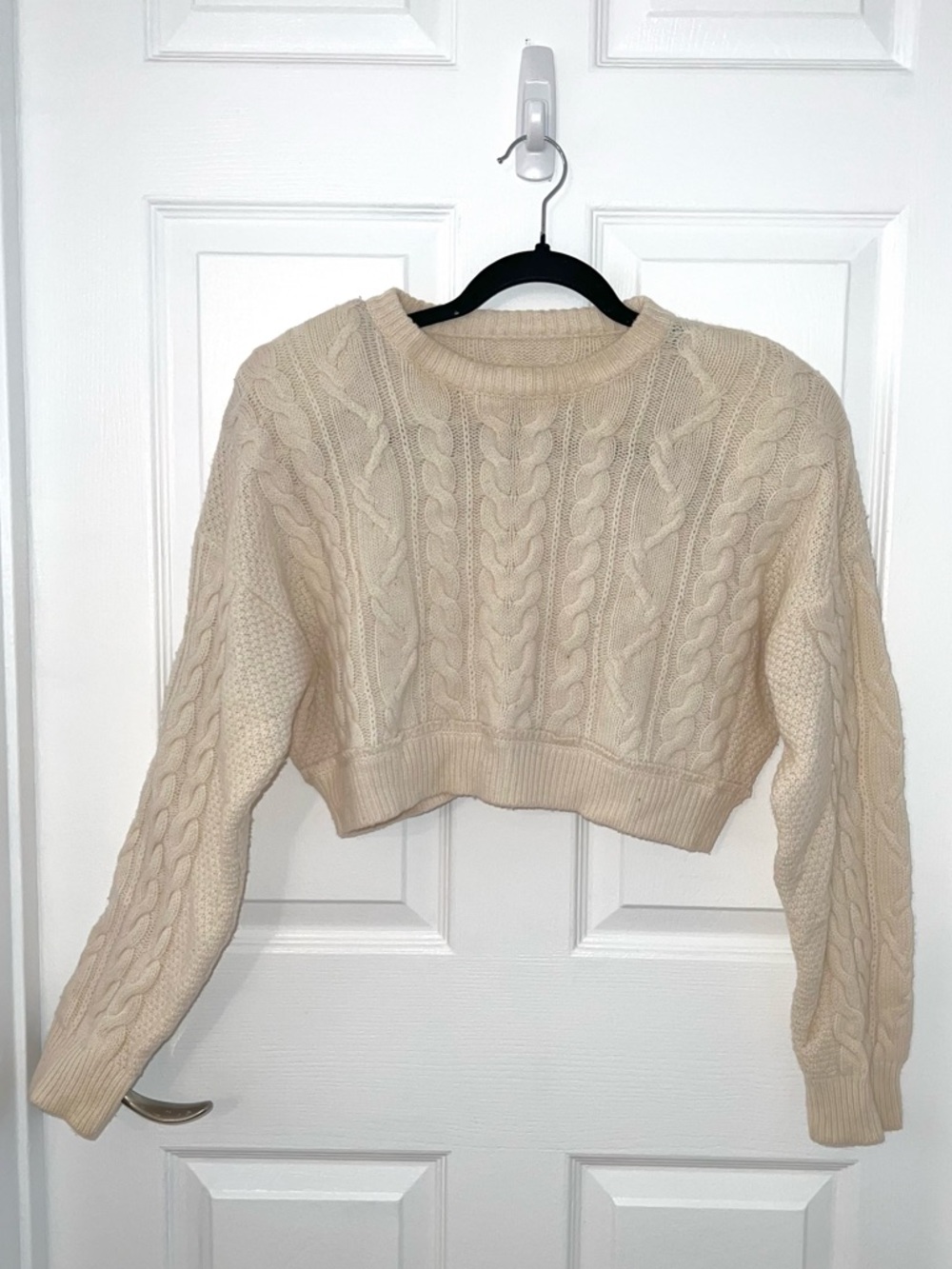 Re/Done Cream Cable-Knit Cropped Crewneck Sweater Wool Cashmere Small